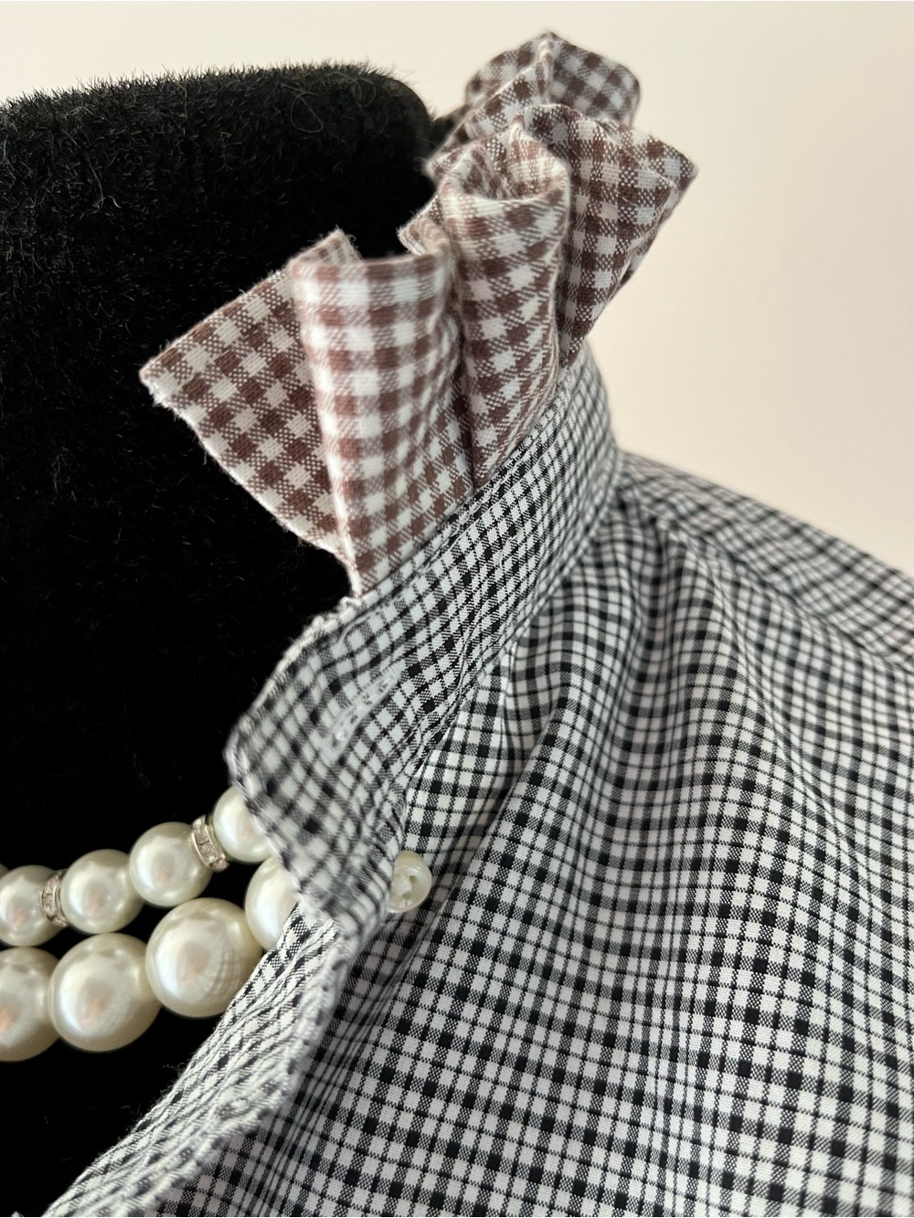 Upcycled Ralph Lauren Black & White Micro-Check Button-Down Ruffle Collar